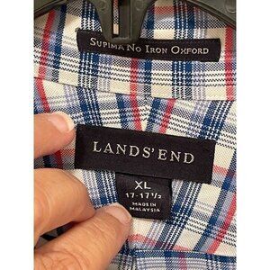 Lands End Mens Supima No‎ Iron Oxford Shirt XL 17-17.5 Plaid 100% Cotton